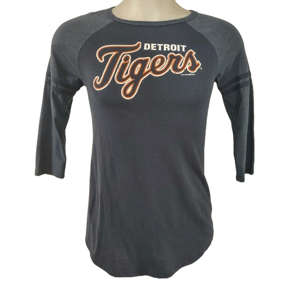 5th & Ocean Detroit Tigers Shirt Medium MLB Baseball Raglan Grey Black Sporty